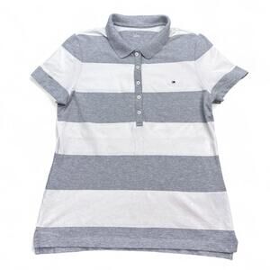 Tommy Hilfiger Polo Shirt Top Womens Size Medium White Gray Striped Flag Logo